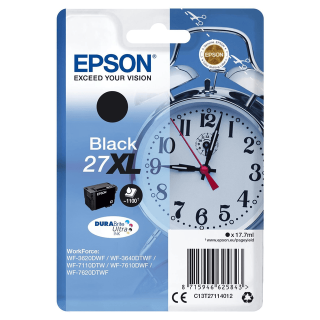 Epson 27XL Single-pack DURABrite Ultra Black High Yield Printer Ink Cartridge Original C13T27114012